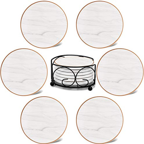 Coasters for Drinks Absorbent with HolderSet of 6 Ceramic Drink Coasters Funny Absorbent Stone Coaster Set Cork Base -6P-White-