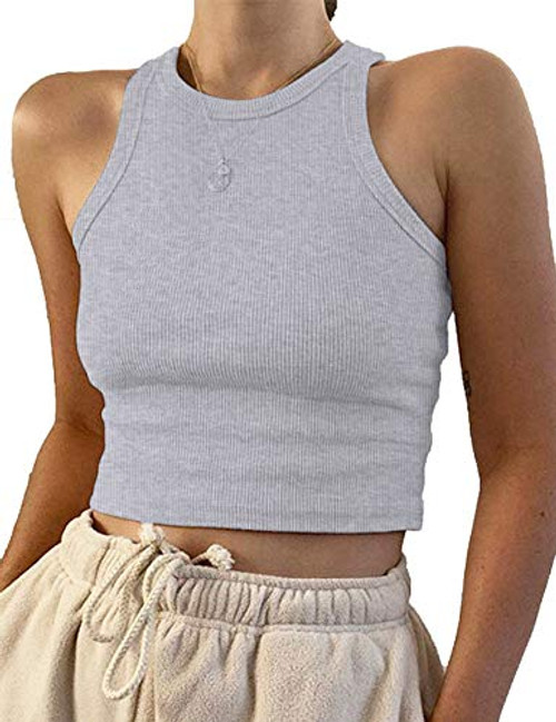 Meladyan Womens Round Neck Basic Racerback Camisole Rib-Knit Solid Sleeveless Crop Tank Tops -Small Grey- Meladyan Womens Round Neck Basic Racerback Camisole Rib-Knit Solid Sleeveless Crop Tank Tops -Small Grey-