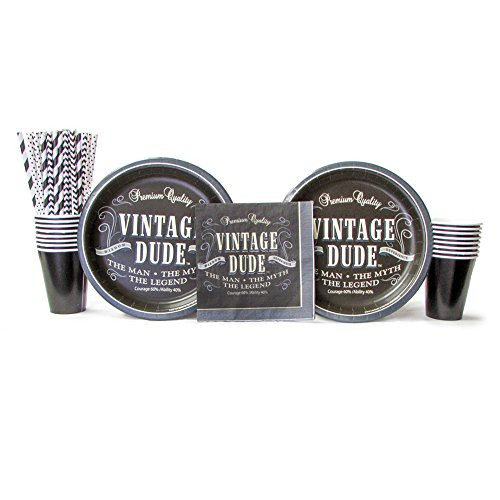Vintage Dude Party Supplies Pack for 16 Guests Includes: Straws, Dinner Plates, Luncheon Napkins, and Cups (Bundle for 16)