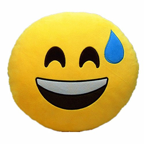 Katherine Shops APP Emoji Smiley Emoticon Yellow Round Cushion Pillow Stuffed Plush Soft Toy 13.8 inch -Sweating-