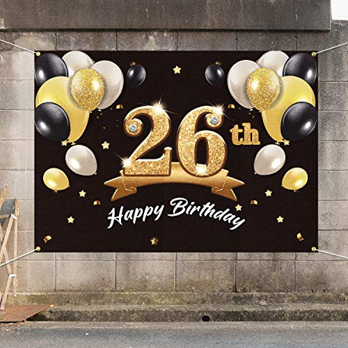 PAKBOOM Happy 26th Birthday Banner Backdrop - 26 Birthday Party Decorations Supplies for Men Him - Black Gold 4 x 6ft
