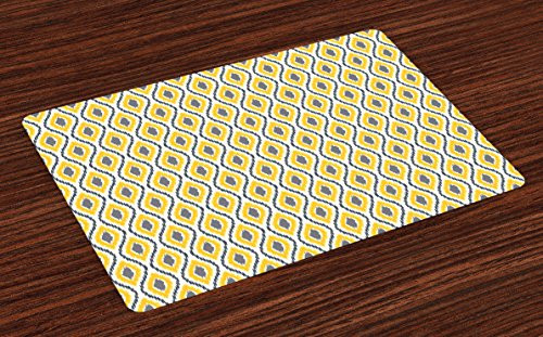 Lunarable Ikat Place Mats Set of 4, Oval Double Ancient Zigzag Ikat Motifs Exotic Ethnic Japanese Culture Design, Washable Fabric Placemats for Dining Room Kitchen Table Decoration, Gray Yellow White Lunarable Ikat Place Mats Set of 4, Oval Double Ancient Zigzag Ikat Motifs Exotic Ethnic Japanese Culture Design, Washable Fabric Placemats for Dining Room Kitchen Table Decoration, Gray Yellow White