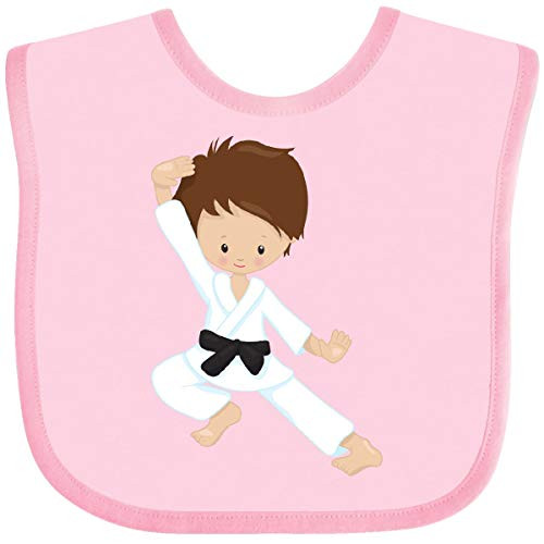 Inktastic Cute Boy Brown Hair Black Belt Karate Pose Baby Bib Pink 39db7