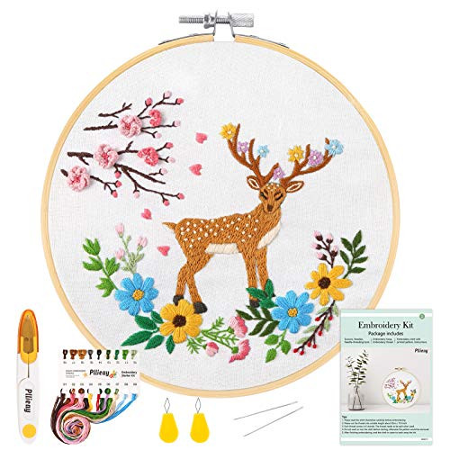 Pllieay Deer Pattern Embroidery Starter Kit with Instructions Include Embroidery Clothes Bamboo Embroidery Hoops Color Threads and Tool