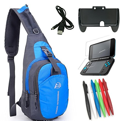 eLUUGIE 5 in 1 Crossbody Bag+Comfort Hand Grip with Stand for NEW Nintendo 2DS XL+New 2DS XL Screen Protector+2DS USB Charging Cable +Stylus Pen For New 2DS XL Travel Accessory New 2ds XL Travel Bag