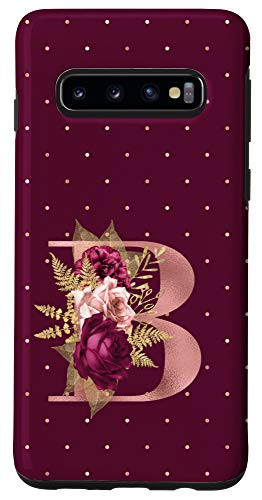 Galaxy S10 Maroon floral Initial Letter B monogram blush flowers Case