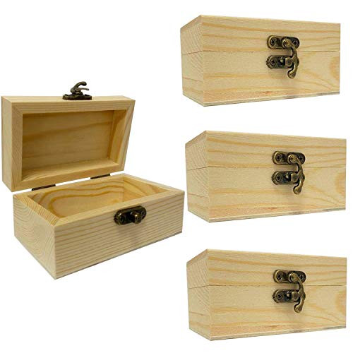 LONG TAO 4 Pcs 3.9x2.4x2.0 Unfinished Wood Box Decorate Wooden Treasure Boxes Wooden Storage Box Natural DIY Craft Stash Boxes with Hinged Lid and Front Clasp for Crafts Art Hobbies Home Storage