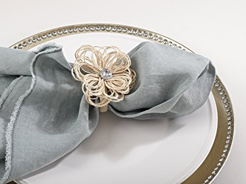 Jeweled Jute Flower Design Natural Napkin Rings, Set of 4