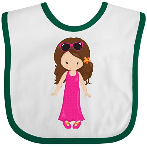 Inktastic Fashion Girl Brown Hair Pink Dress Baby Bib White and Green 39e07