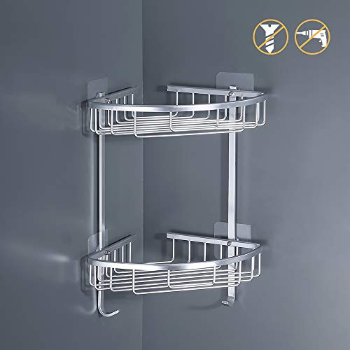 KES No Drilling Bathroom Corner Shelf Durable Aluminum 2 tiers Shower Shelf with Hooks Kitchen storage basket Adhesive Suction Shelves, A4021BDF