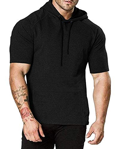 COOFANDY Mens Fashion Athletic Hoodies Pullover Muscle Fit Workout Gym Sweatshirt Cotton Short Sleeve Hooded T-Shirts -Black Medium-
