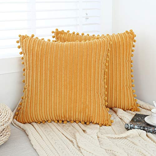 Oirpro Yellow Pillow Covers 18x18 inch with Pom-poms Set of 2 Corduroy Farmhouse Boho Accent Decorative Throw Pillow Covers for Couch Bed Sofa