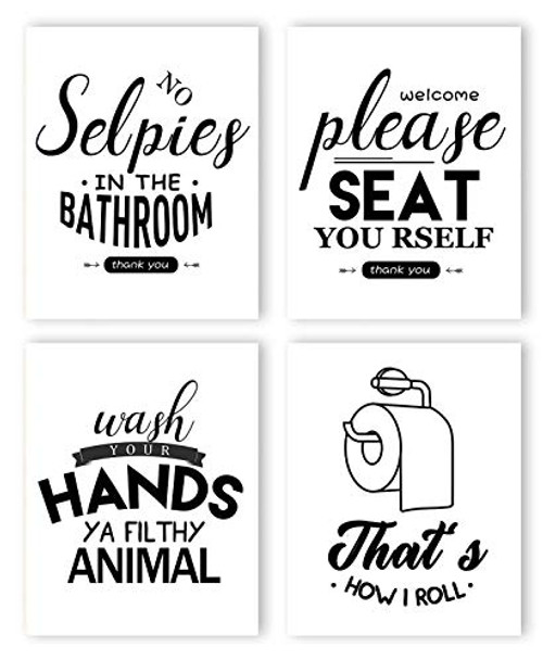 Funny Bathroom Decor Typography Prints Wall Art  and  Pictures - Great Gift for Bathroom Toilet Set of 4 Unframed Quotes 8x10 Signs  and  Rules