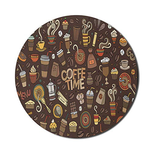 Ambesonne Coffee Mouse Pad for Computers Hand Drawn Cartoon Coffee Time Theme Sweets and Drinks Ornamental Round Non-Slip Thick Rubber Modern Gaming Mousepad 8 inch Round Brown Multicolor