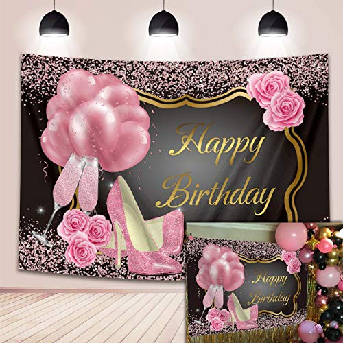 Sweet Pink Happy Birthday Backdrop Pink Rose Floral Balloons Heels Champagne Glass Background 30th 40th 50th 60th Happy Birthday Decorations for Adults Women Photo Booth Props 7x5FT Pink