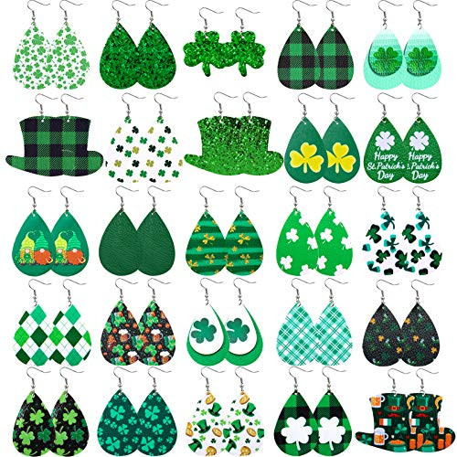 St. Patricks Day Faux Leather Earrings Shamrock Clover Teardrop Dangle Earrings Irish Green Leather Earrings for Women 25 Pairs St. Patricks Day Faux Leather Earrings Shamrock Clover Teardrop Dangle Earrings Irish Green Leather Earrings for Women 25 Pairs