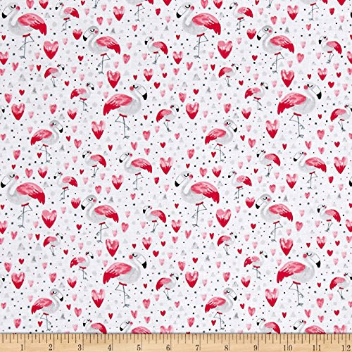 Timeless Treasures Flamingos  and  Hearts White Fabric By The Yard