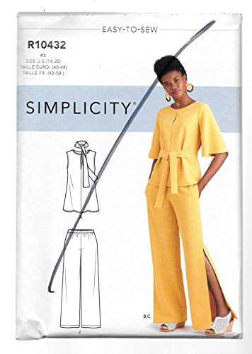 Simplicity Sewing Pattern 9051/R10432 Size R5 -14-22- Misses Tops with Sleeve and Length Variations Self Tie Belt or Scarf Pants with Optional Side Slits