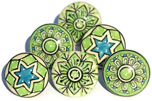 OwlKraft Set of 6 Handmade Green Mandala Flat Ceramic Knobs - Cabinet knobs - Drawer knobs - Cabinet pulls - Door knobs