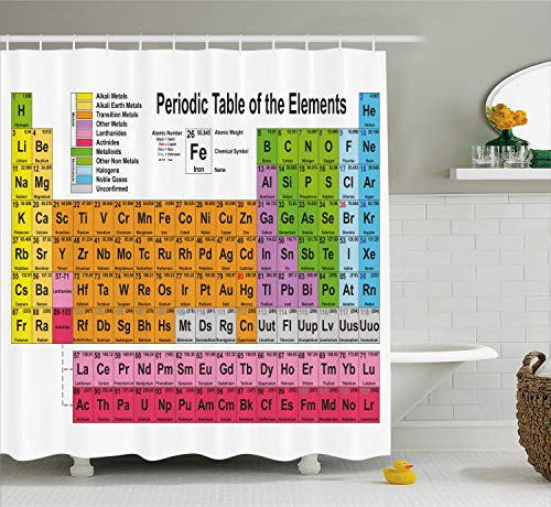 Ambesonne Periodic Table Shower Curtain, Science Freak Chemistry Lovers Colorful Element Table for Fun Learning Image, Cloth Fabric Bathroom Decor Set with Hooks, 70 Inches, Multicolor