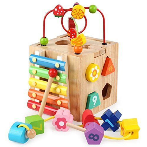 Revanak Activity Cube, Learning Cube, 6 in 1 Multipurpose Wooden Activity Cube Bead Maze Toy for Baby's & Toddlers