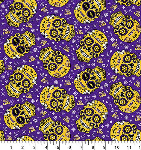 University of Louisiana LSU Cotton Fabric Sugar Skull Design-Newest Pattern-LSU Tigers Cotton Fabric