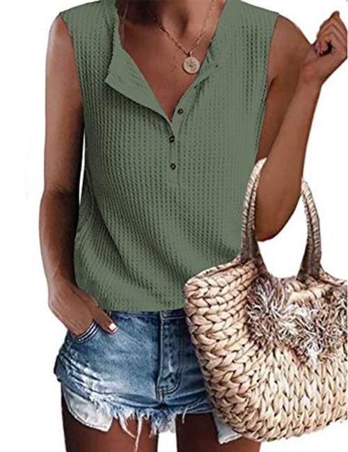 Womens Tank Tops V Neck Waffle Knit Summer Loose Casual Sleeveless Shirts Army M