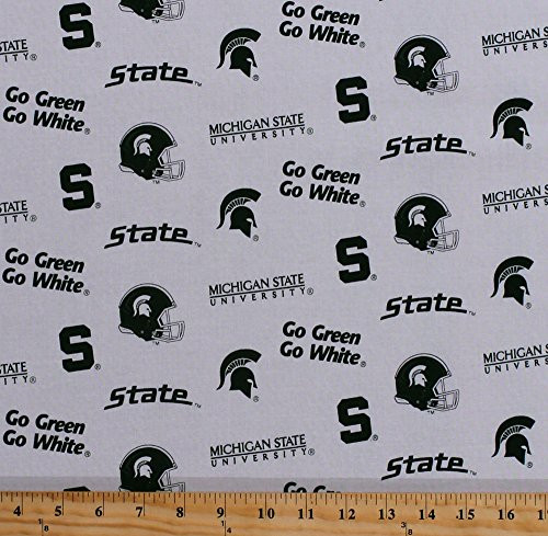 Cotton College Michigan State University Spartans on White Print Cotton Fabric By the Yard