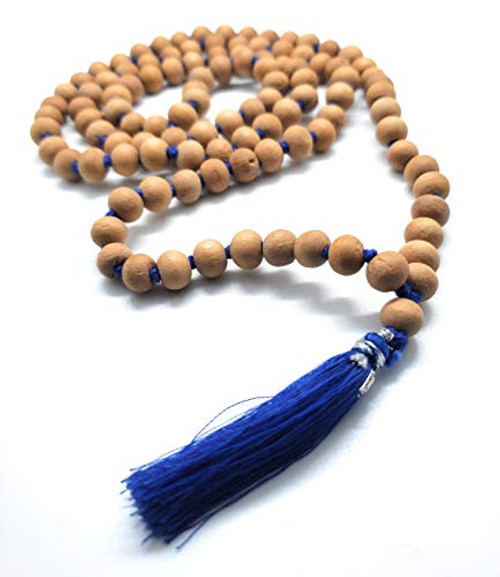 CMEI Sandalwood Mala Beads 108 Plus1 8mm Mala Necklace Japa Mala Hand Knotted Tibetan Mala Prayer Beads Meditation Beads Yoga Necklace -Blue Tassel-