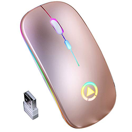 2.4GHz Wireless Mobile Optical Mouse with RGB Backlit Mute Mice USB Rechargeable for Laptop PC Computer -Rose Gold-