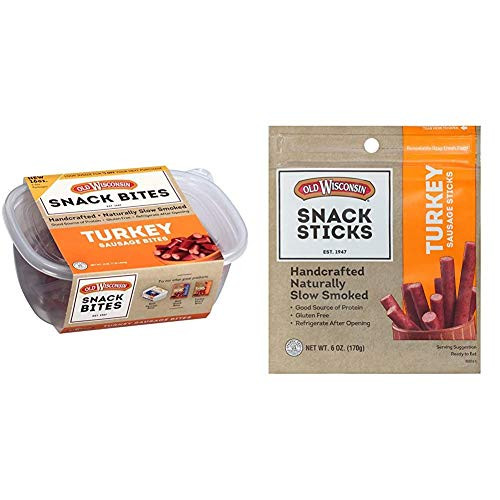 Old Wisconsin Turkey Sausage Snack Bites 16 Ounce Resealable Tub with Two Stay-Fresh 8 Ounce Packs  and  Turkey Sausage Snack Sticks 6 Ounce Resealable Package