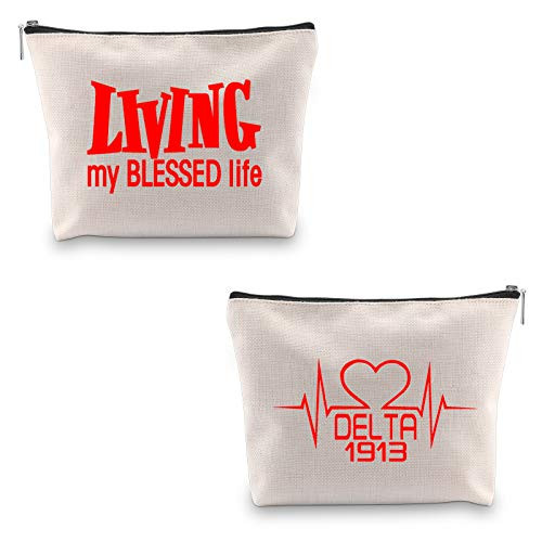 JXGZSO Delta Sigma Theta Sorority Make Up Bag Living My Blessed Life Cosmetic Bag Delta Gift DST Greek Sorority Sister Gift -Blessed Life white DST-