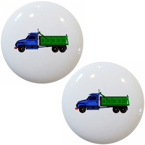 Set of 2 Blue Green Dump Truck Ceramic Cabinet Drawer Knobs