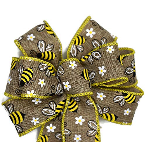 Small 5-6 inch Wired Yellow Honey Bee on Natural Linen Wreath Bow