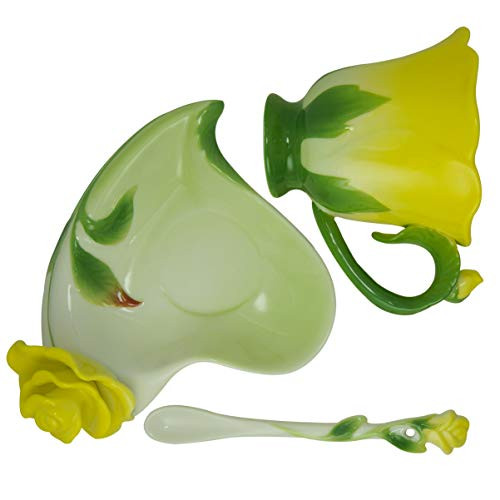 BUOP A Set of Flowered Cup, Saucer and Spoon, Rose-shaped Teacup with 3D Look, Yellow Porcelain Enamel Tea Set