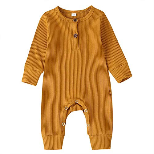 WALLARENEAR Newborn Baby Boy Girl Romper Solid Cotton Linen Jumpsuit Long Sleeve One-Piece Bodysuit Infant Clothes Outfits -Long Sleeve Yellow 12-18 Months-