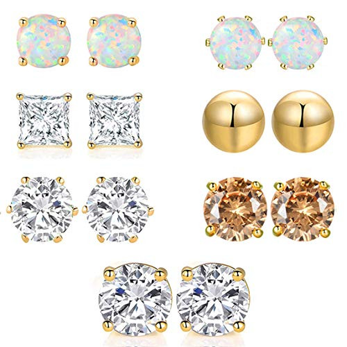 Stud Earrings Set 18K Yellow Gold Plated Cubic Zirconia  and  Opal  and  Round Ball Earrings Pack 7 Pairs Hypoallergenic Studs for Sensitive Ears Stud Earrings Set 18K Yellow Gold Plated Cubic Zirconia  and  Opal  and  Round Ball Earrings Pack 7 Pairs Hypoallergenic Studs for Sensitive Ears