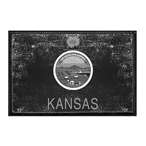 Kansas State Flag - Black and White - Distressed Morale Patch - Hook and Loop Attach for Hats Jeans Vest Coat - 2x3 in - by Pull Patch