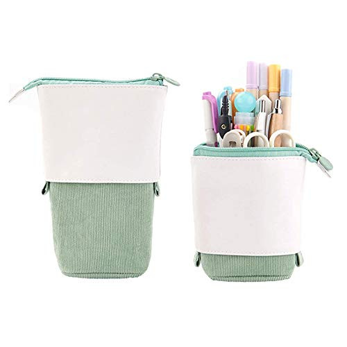 Stand up Pencil Holder Telescopic Pencil Case Pop-up Pencil Case Standing Transformer Pen Box Stationery Pencil Holder Canvas PlusPU Stationery Pouch Cosmetic Bags -Green-