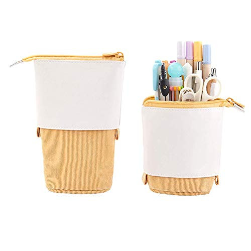 Stand up Pencil Holder Telescopic Pencil Case Pop-up Pencil Case Standing Transformer Pen Box Stationery Pencil Holder Canvas PlusPU Stationery Pouch Cosmetic Bags -Yellow-