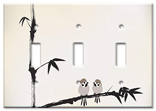 Art Plates 3-Gang Toggle OVERSIZED Switch Plate/OVER SIZE Wall Plate - Brown Birds on Bamboo