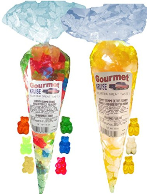 Assorted 12 Flavor And Yellow Mango White Strawberry Banana Gummy Gummi Bears -NET WT 22 OZ- Gourmet Kruise Signature Gift Bags