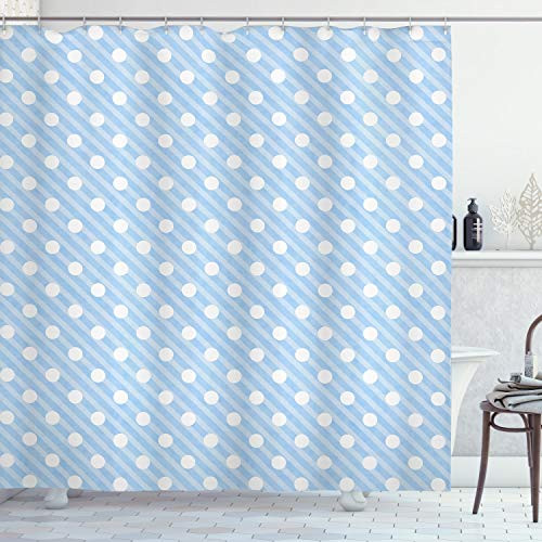 Ambesonne Retro Shower Curtain Retro Nostalgic Polka Dots Sky Blue Background in Soft Tones Simplistic Image Cloth Fabric Bathroom Decor Set with Hooks 75 inch Long Blue White