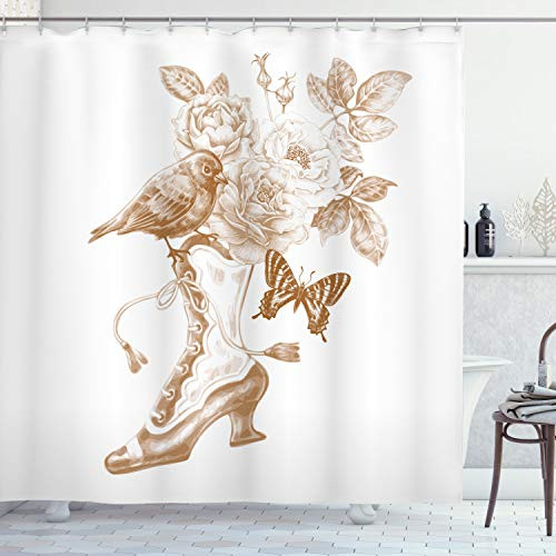 Ambesonne Victorian Shower Curtain Nostalgic Boots with Roses Butterfly and Bird British Trend Upper Class Shoe Art Cloth Fabric Bathroom Decor Set with Hooks 75 inch Long Brown White