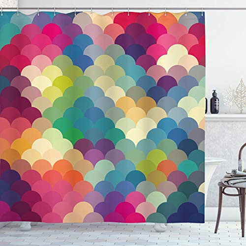 Ambesonne Abstract Shower Curtain Colorful Retro Style Scales Inspired Wave Pattern Overlapping Circles Dots Tile Cloth Fabric Bathroom Decor Set with Hooks 70 inch Long Magenta Pink