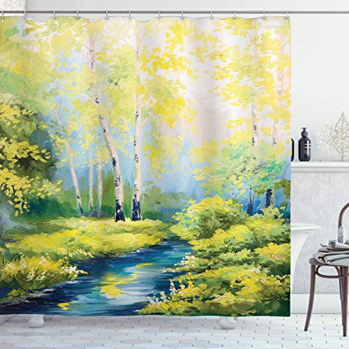 Ambesonne Country Shower Curtain Pastoral Paint of a Forest in The Spring Time with Fresh Colored Leaves Trees Art Cloth Fabric Bathroom Decor Set with Hooks 70 inch Long Green Blue