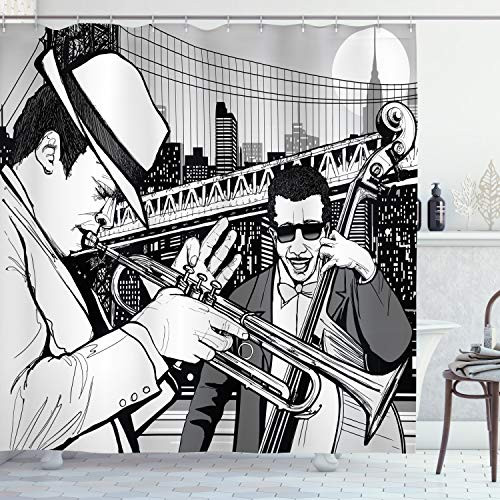 Ambesonne Music Shower Curtain Illustration of Jazz Band Playing The Blues in New York in Moonlight Retro Design Cloth Fabric Bathroom Decor Set with Hooks 84 inch Long Extra Black White