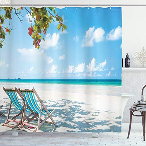 Ambesonne Seaside Shower Curtain Beach Chairs Under Tree Shade Tourist Resort Relax Seascape Cloth Fabric Bathroom Decor Set with Hooks 75 inch Long Turquoise Blue