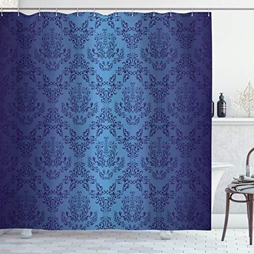 Ambesonne Navy Blue Shower Curtain Antique Baroque Floral Swirling Patterns Victorian Vintage Retro Style Cloth Fabric Bathroom Decor Set with Hooks 75 inch Long Dark Blue
