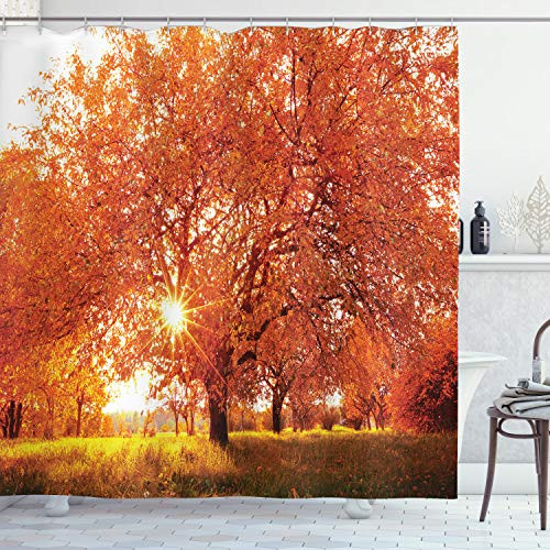 Ambesonne Landscape Shower Curtain Autumn Season Fall Trees Sunset in Garden Plant Leaves Relaxing Art Photo Cloth Fabric Bathroom Decor Set with Hooks 70 inch Long Vermilion Yellow